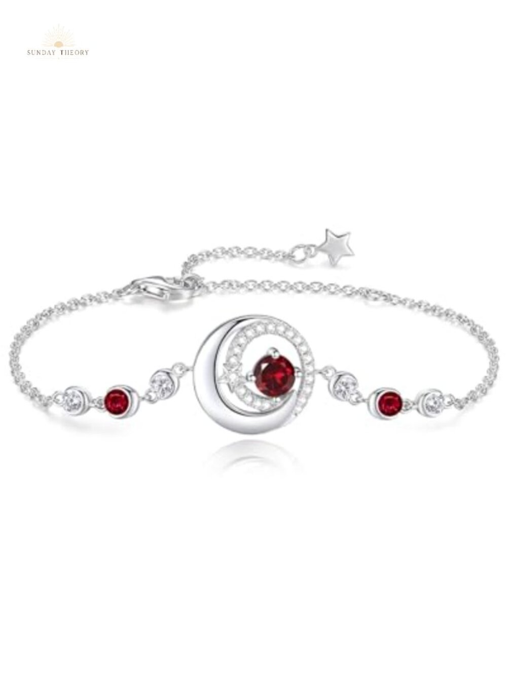 Sterling Silver White Gold Plated Moon & Star Birthstone Link Bracelet